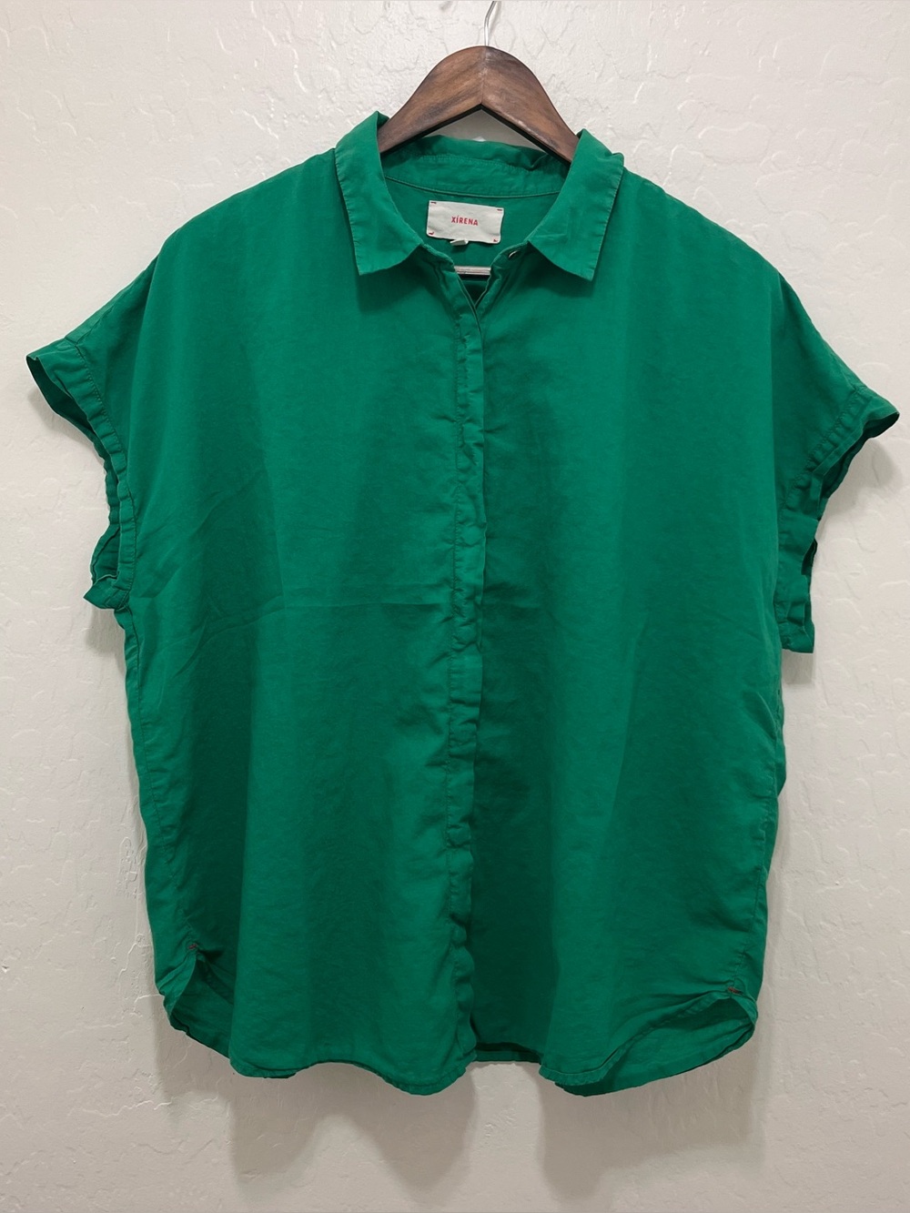 Xirena Channing Green Short Sleeve Button Front Oversized Boyfriend Shirt L